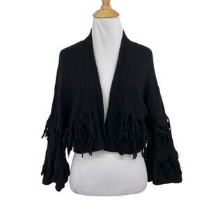 BCBGMaxazria Cardigan Women 2XS XXS Black Open Front Tiered Fringe Cropped Shrug